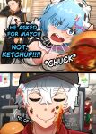  2girls 3boys absurdres anger_vein black_hair black_hat blue_eyes blue_hair blush breasts brown_hair burger closed_eyes closed_mouth commentary crusch_karsten english_text felix_argyle food food_on_face green_hair hat highres implied_fellatio jacket mayngomay motion_lines multiple_boys multiple_girls natsuki_subaru ponytail re:zero_kara_hajimeru_isekai_seikatsu regulus_corneas rem_(re:zero) short_hair throwing throwing_food track_jacket white_hair 