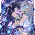  1girl absurdres antlers bare_shoulders blue_eyes blue_hair bracelet breasts closed_mouth commentary crescent_moon deer_antlers english_commentary falling_petals floating_hair flower genshin_impact hair_over_one_eye hands_up highres horns jewelry large_breasts lauma_(genshin_impact) long_hair moon night petals pointy_ears sky smile star_(sky) starry_sky very_long_hair white_flower 