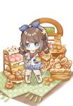  1girl animal-themed_food bag bag_charm baguette beret blue_bow blue_eyes blue_sailor_collar boots bow bowtie braid bread breasts brooch brown_hair carpet charm_(object) chibi chinese_commentary closed_mouth coat commentary_request commission donut dot_nose eyelashes flower_button food frilled_boots frilled_sailor_collar frills fur_scarf hair_ornament hairclip hand_on_own_hip happy hat hat_bow hat_ornament highres holding holding_food infinity_nikki jewelry kneehighs lace-up_boots light_blush long_hair long_sleeves low-tied_long_hair low_twin_braids medium_breasts nikki_(series) parallel_hairclips pocket red_bow red_bowtie sailor_collar sample_watermark scarf shenmiguaijiaotu shoulder_bag simple_background sleeve_cuffs smile socks solo standing star_(symbol) star_hat_ornament striped_clothes striped_socks stylist_(nikki) swept_bangs twin_braids vertical-striped_clothes vertical-striped_socks watermark white_background white_bag white_coat white_hat white_scarf white_socks wooden_floor yellow_boots 