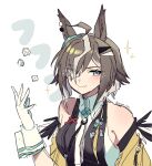  1girl ahoge black_shirt blue_eyes blush brown_hair closed_mouth collared_shirt commentary_request dice ear_ornament eyes_visible_through_hair gloves grey_hair hair_ornament hair_over_one_eye highres looking_at_viewer multicolored_hair portrait renma_(renma_0503) rulership_(umamusume) shirt short_hair sketch sleeveless sleeveless_shirt solo sparkle streaked_hair twitter_username umamusume wavy_mouth white_background white_gloves 