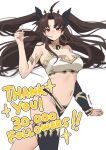  1girl absurdres brown_hair commentary cowboy_shot earrings english_commentary fate/grand_order fate_(series) floating_hair hand_up highres hoop_earrings ishtar_(fate) jewelry midriff pinepin red_eyes single_thighhigh solo standing thighhighs white_background 