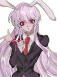 1girl :o \m/ animal_ears black_jacket blazer blush commentary_request glint green_outline hair_between_eyes highres jacket long_hair long_sleeves looking_at_viewer necktie outline purple_hair rabbi_t8263 rabbit_ears red_eyes red_necktie reisen_udongein_inaba shirt simple_background solo touhou upper_body very_long_hair white_background white_shirt 