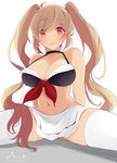  bikini black_bikini blush breasts brown_eyes brown_hair choker cleavage dated hair_ribbon highres kantai_collection large_breasts long_hair murasame_(kantai_collection) navel ribbon signature simple_background skirt smile solo spread_legs swimsuit tebi_(tbd11) thighhighs twintails white_background 
