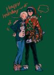  2girls =_= ariane_yeong black_hair black_pants blue_eyes blue_pants blue_shoes carrying carrying_under_arm christmas_present christmas_sweater closed_eyes elster_(signalis) expressionless full_body gift green_background grin hand_on_another's_shoulder hand_on_own_hip happy_holidays hat highres holding holding_gift humanization kani_(kaniya) looking_at_viewer mouth_hold multiple_girls pants santa_hat shoes short_hair signalis smile sneakers snowman_print speech_bubble standing thought_bubble white_hair 