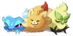  3others :3 animal beak bird bright_pupils browt closed_eyes closed_mouth dog feathers fluffy gecko gecqua highres multiple_others no_humans one_eye_closed orange_fur paleblank pokemon pokemon_(creature) pokemon_focus pokemon_ww pombon sleeping sleepy smile starter_pokemon_trio white_pupils 