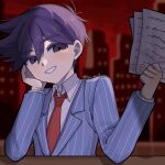  1boy :d antenna_hair blue_jacket blurry blurry_background bossman_hero building collared_shirt commentary double-parted_bangs elbows_on_table from_below grin hair_behind_ear hair_between_eyes hand_on_own_cheek hand_on_own_face hands_up head_tilt hero_(headspace)_(omori) hero_(omori) highres holding holding_paper indoors jacket lapels layered_sleeves looking_at_viewer male_focus necktie notched_lapels official_alternate_costume omori paper puffy_nipples purple_eyes purple_hair red_necktie red_sky ryo_pen17 shirt short_hair simple_background sky smile solo spotlight table tareme twitter_username untranslatable_commentary upper_body very_short_hair white_shirt window wooden_table 