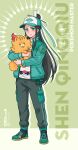  1boy :3 absurdres animal baseball_cap bindi bingpup_(renzha_fanpai_zijiu_xitong) black_hair black_pants cargo_pants character_name closed_mouth colored_shadow dog drop_shadow eyeshadow fangs full_body green_background green_eyes green_eyeshadow green_hat green_jacket green_shoes half_updo halftone hat highres holding holding_animal instagram_logo instagram_username jacket long_hair looking_at_viewer luo_binghe makeup open_clothes open_jacket pants pocket poke_ball pokemon pokemon_ww pombon renzha_fanpai_zijiu_xitong ribboned_xiao_guan shadow shen_qingqiu shirt shoes sidelocks siliceb smile sneakers standing track_jacket twitter_username twitter_x_logo very_long_hair waist_poke_ball white_shirt zuiyin 