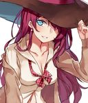  blue_eyes breasts cleavage close-up collarbone earrings hat ichinose_shiki idolmaster idolmaster_cinderella_girls jewelry long_hair long_sleeves looking_at_viewer medium_breasts off_shoulder pink_hair shirt smile solo very_long_hair witch_hat zi_se 