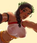  1girl black_hair breasts brown_eyes dark-skinned_female dark_skin large_breasts laurel_crown looking_at_viewer midriff navel nipples original see-through_clothes see-through_shirt shirt signature simple_background solo upper_body vero yellow_background 