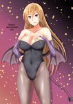  2015 :p bad_id bad_pixiv_id bare_shoulders blonde_hair breasts cleavage collarbone covered_navel demon_tail demon_wings green_kaminari halloween hand_on_hip hand_on_own_chest happy_halloween highres large_breasts leotard long_hair low_wings nakiri_erina pantyhose playboy_bunny_leotard purple_eyes shokugeki_no_souma solo star tail tongue tongue_out wings 