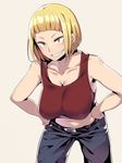  blonde_hair bob_cut breasts brown_eyes cleavage grin haikyuu!! hanging_breasts large_breasts midriff no_bra short_hair smile solo tanaka_saeko_(haikyuu!!) yumoteliuce 