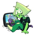  1girl colored_skin commentary controller crt diamond-shaped_hair discount-supervillain english_commentary face_shield forehead_jewel game_console game_controller gamecube gamecube_controller gem_(steven_universe) green_skin holding holding_controller holding_game_controller mario_(series) open_mouth peridot_(steven_universe) shirt sitting smile steven_universe t-shirt the_legend_of_zelda triangle-shaped_hair triforce 