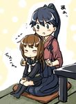  ^_^ bad_id bad_twitter_id black_serafuku blue_eyes blue_hair blush_stickers brown_hair closed_eyes engiyoshi fumizuki_(kantai_collection) houshou_(kantai_collection) japanese_clothes kantai_collection long_hair multiple_girls ponytail school_uniform seiza serafuku sitting sitting_on_lap sitting_on_person table translation_request white_neckwear 