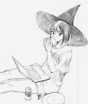  1girl bandaid bandaid_on_knee bandaid_on_leg blush can computer eating food hat highres holding holding_food holding_laptop holding_sandwich laptop on_floor original plate sandwich shirt shorts simz sitting sketch solo t-shirt witch_hat 
