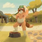 anthro armpit_hair bluey_(series) body_hair canid canine canis clothing crystdraws domestic_dog elderly genitals grandfather_(lore) grandparent_(lore) hat headgear headwear hi_res male mammal mort_cattle nipples penic penis solo