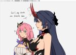  2girls art_program_in_frame black_dress blue_eyes breasts cleavage corset dress elf elysia_(honkai_impact) elysia_(miss_pink_elf)_(honkai_impact) english_text hair_ornament hashtag-only_commentary honkai_(series) honkai_impact_3rd horns large_breasts long_hair multiple_girls pink_hair pointy_ears purple_hair raiden_mei raiden_mei_(herrscher_of_thunder) red_horns rena_(rrena) screenshot sparkling_eyes unfinished upper_body very_long_hair white_corset yuri 