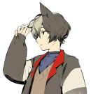  1boy animal_ears belt_collar blue_shirt brown_eyes commentary_request fingernails grey_hair grey_jacket jacket male_focus misoni_comi multicolored_hair open_clothes open_jacket original parted_lips shirt simple_background solo two-tone_hair upper_body vest white_background 