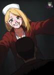  1boy 1girl 2025 absurdres ai-assisted bad_perspective blonde_hair blood brown_hair earrings grey_background harry_mason hat highres injury jacket jewelry konami lisa_garland nosebleed nurse nurse_cap red_jacket sefionn silent_hill_(series) silent_hill_1 smile 
