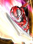  1boy absurdres armor armored_bodysuit black_bodysuit bodysuit character_mask chou_uchuu_keiji_gavan_infinity combat_helmet commentary full_armor gavan_infinity gavarion_blade giga_hamster glowing glowing_sword glowing_weapon helmet highres holding holding_sword holding_weapon male_focus mask red_armor red_bodysuit red_helmet science_fiction solo sword tokusatsu weapon 