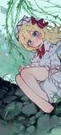  1girl absurdres barefoot blonde_hair blue_butterfly blue_eyes blush bow bowtie bug butterfly capelet closed_mouth commentary_request dress frilled_capelet frills full_body hair_between_eyes hat highres lily_white long_hair long_sleeves looking_at_viewer outdoors plant rangque_(user_vjjs4748) red_bow red_bowtie rock sitting smile solo touhou weeds white_capelet white_dress white_hat 