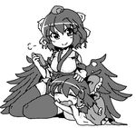  closed_eyes greyscale hair_ribbon hair_tubes hakurei_reimu hand_on_another's_head hat lap_pillow monochrome multiple_girls odochi_(1or8) outstretched_arms pom_pom_(clothes) ribbon shameimaru_aya smile touhou wings 
