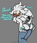 2023 anthro big_butt blush bodily_fluids butt clothing clothing_pull english_text eulipotyphlan femboy fluffy fluffy_chest fur heart_tongue hedgehog male mammal meowwabae pulling_up_pants rear_view sega silver_the_hedgehog solo sonic_the_hedgehog_(series) sweat sweatdrop tail tan_body tan_skin text tight_clothing underwear white_body white_fur yellow_eyes