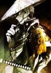  1boy armor breastplate chinstrap commentary_request cuirass doudanuki_masakuni hand_up hat highres japanese_armor japanese_clothes light_frown male_focus natsumaro profile rice_hat scar scar_on_face scar_on_nose shaded_face short_hair shoulder_armor sode sword_hilt touken_ranbu yellow_eyes 