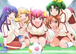  :d ;d aoki_reika ball bent_over character_name gloves grass group_picture gym_shorts gym_uniform hair_ornament hairband highres hino_akane_(smile_precure!) holding_hands hoshizora_miyuki hug inoue_sora kise_yayoi kneeling long_hair midorikawa_nao multiple_girls one_eye_closed open_mouth precure purple_hair seiza short_hair short_twintails shorts sitting smile smile_precure! soccer_ball soccer_uniform socks sportswear telstar twintails v white_hairband 