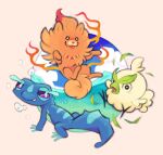  3others :3 bird browt commentary dog english_commentary fangs fire gecko gecqua highres leaf multiple_others no_humans pokemon pokemon_(creature) pokemon_ww pombon smile starter_pokemon_trio tidalpooles water water_drop 