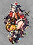  ass bangle bat bow bracelet braid candy checkered checkered_background cross demon_girl demon_tail fake_wings fang flat_ass food fu-mi.a full_body green_eyes grey_background grey_hair hair_ornament hairband halloween head_wings holding jack-o'-lantern jewelry lollipop mary_janes mouth_hold original over-kneehighs pointy_ears pumpkin shoes short_hair skirt skull_hair_ornament solo striped striped_legwear swirl_lollipop tail thighhighs wings wrapped_candy 