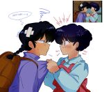  1boy 1girl anger_vein anime_screenshot_inset apron backpack bag black_hair blush braid brown_bag closed_mouth commentary english_text garnel_(letsgotomato11) hetero highres pulling_another's_clothes ranma_1/2 red_apron saotome_ranma screenshot_inset speech_bubble tendou_akane thought_bubble v-shaped_eyebrows 