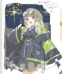  1girl :d aerial_fireworks black_coat black_gloves black_shirt black_skirt brown_hair coat collarbone commentary_request cowboy_shot eyewear_on_head fireworks fishnet_pantyhose fishnet_top fishnets gloves high-waist_skirt highres i_my_mayday kachimachi_kosuzu link!_like!_love_live! love_live! night off_shoulder open_mouth paint_chat_(medium) pantyhose pink_eyes round_eyewear shirt skirt smile solo sunglasses translation_request virtual_youtuber zen66574227 