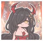  1girl ai-assisted ai-generated_background azur_lane bare_shoulders between_breasts black_hair breasts chibi chinese_new_year cleavage collarbone commentary dress friedrich_der_grosse_(azur_lane) friedrich_der_grosse_(boudoir's_lingering_flame)_(azur_lane) futaba_(anti_clockwise) hair_ornament hair_over_one_eye highres hongbao horns large_breasts long_hair looking_at_viewer mechanical_horns official_alternate_costume red_dress red_horns solo untranslatable_commentary very_long_hair yellow_eyes 