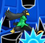 anthro avian avian_feet beak big_breasts big_tail bird black_body black_feather_hair black_feathers block blue_eyes breasts cleavage clothed clothing corvid corvus_(genus) curvy_figure dash_the_raven detailed_background dress feather_hands feathered_wings feathers feet female game_background geometry_dash hi_res humanoid male oscine panties passerine raven running saw solo spikes spread_legs spreading tail tail_feathers thigh_gap tongue tongue_out tools twtr underwear wings yellow_beak yellow_feet