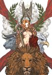  angel bird bull closed_eyes eagle halo hichi highres lion no_nipples nude sword weapon 