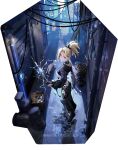  1girl alley arrow_(projectile) artist_request baggy_pants bandaid bandaid_on_cheek bandaid_on_face belt black_gloves blonde_hair bow_(weapon) cargo_pallet cat character_charm charm_(object) drum_(container) earrings emp_(path_to_nowhere) floodlights gloves holding holding_arrow holding_bow_(weapon) holding_weapon holographic_interface hoop_earrings industrial_pipe jewelry midriff official_alternate_costume official_alternate_hairstyle official_art pants partially_fingerless_gloves path_to_nowhere pink_eyes ponytail rain security_camera security_shutter shadow skull_and_crossbones weapon white_belt wooden_box 