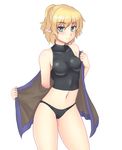  :c bare_shoulders black_panties blonde_hair blush cowboy_shot frown green_eyes isaki_(gomi) looking_at_viewer midriff mizuhashi_parsee navel open_clothes open_shirt panties pointy_ears shirt sleeveless sleeveless_turtleneck solo thighs touhou turtleneck undershirt underwear undressing 