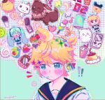  ! !! !? 1boy absurdres apple_juice banana bass_clef beamed_eighth_notes ben-day_dots black_sailor_collar blonde_hair blue_eyes blush bonus_energy_drink_(project_sekai) cardiogram cellphone chibi chiikawa chiikawa_(character) clover commentary crying crying_with_eyes_open cursor dango doko_demo_issyo drink drink_carton eevee eighth_note english_commentary flip_phone food four-leaf_clover fruit game_boy game_boy_(original) green_background hachune_miku handheld_game_console hatsune_miku headset heart highres inoue_toro juice juice_box kagamine_len kagamine_rin kamaboko male_focus mametchi microphone musical_note narutomaki notice_lines orange_(fruit) orange_slice outline phone poke_ball pokemon pompompurin ponytail portrait project_sekai pudding ruibasil safety_pin sailor_collar sanrio sanshoku_dango screentones shirt short_hair short_ponytail spring_onion star_(symbol) strawberry tamagotchi tamagotchi_(classic) tamagotchi_(creature) tamagotchi_(virtual_pet) tears virtual_pet_(toy) vocaloid wagashi white_outline white_shirt 