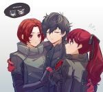  1girl 4boys amamiya_ren bird bisexual_male black_coat black_hair black_jacket black_ribbon blush breasts coat commentary_request gloves hair_between_eyes hair_ribbon highres jacket joker_(persona_5) kamishiro_nagisa long_hair long_sleeves lufel_(p5x) morgana_(persona_5) multiple_boys owl pentacle_dark persona persona_5 persona_5:_the_phantom_x persona_5_the_royal ponytail red_eyes red_gloves red_hair ribbon short_hair smile violet_(persona_5) wonder_(p5x) yoshizawa_kasumi 