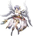  1girl angel_wings asymmetrical_legwear bare_shoulders blue_eyes boots closed_mouth collarbone detached_sleeves dress feathered_wings full_body hair_intakes hairband highres holding holding_polearm holding_weapon knee_boots langrisser langrisser_ii long_sleeves looking_at_viewer official_art pleated_dress polearm sherry_(langrisser) shiny shiny_hair short_dress short_hair silver_hair single_thighhigh sleeveless sleeveless_dress smile solo thighhighs thighlet transparent_background waist_cape weapon white_dress white_footwear white_legwear white_sleeves white_wings wings yellow_hairband 