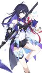  4girls absurdres black_gloves black_shorts blue_hair bronya_rand colored_inner_hair commentary_request gloves highres holding holding_scythe honkai:_star_rail honkai_(series) hook_(honkai:_star_rail) leotard leotard_under_clothes long_hair multicolored_hair multiple_girls natasha_(honkai:_star_rail) partially_fingerless_gloves purple_eyes purple_hair scythe seele_(honkai:_star_rail) shorts simple_background single_glove thigh_strap two-tone_hair umiinu_(umi_inu11) very_long_hair white_leotard 