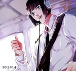  black_hair blue_eyes bob_cut bruno_buccellati dated headphones jojo_no_kimyou_na_bouken male_focus necktie rena_(renasight) solo thumbs_up 