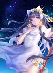  black_hair blue_eyes chariot.f dress isis_(p&amp;d) long_hair night night_sky puzzle_&amp;_dragons sky solo staff star_(sky) starry_sky 