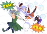  2girls abyranss arm_warmers bare_shoulders black_thighhighs boots bow brown_gloves bubble chitose_yuma commentary cosplay detached_sleeves dress english_commentary fingerless_gloves frilled_dress frills gloves green_boots green_dress green_eyes green_hair gun hair_bow hat holding holding_gun holding_polearm holding_weapon long_hair looking_at_viewer magia_record:_mahou_shoujo_madoka_magica_gaiden magical_girl mahou_shoujo_madoka_magica mahou_shoujo_madoka_magica_magia_exedra mini_hat momoe_nagisa multiple_girls open_mouth orange_skirt polearm red_eyes ribbon sakura_kyoko sakura_kyoko_(cosplay) shirt short_twintails skirt skirt_under_dress sound_effects teeth thighhighs tomoe_mami tomoe_mami_(cosplay) twintails two_side_up upper_teeth_only waist_ribbon weapon white_arm_warmers white_hair white_ribbon white_shirt yellow_bow 