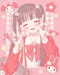  1girl blunt_bangs blush border bow bowtie brown_bag brown_hair chain chain_bracelet checkered_background checkered_bow checkered_bowtie checkered_clothes closed_eyes collared_shirt commentary dot_nose double_v flower_hairpin hands_up heart_bracelet highres jacket long_hair long_sleeves my_melody my_melody_(series) nail_polish nekomaru0817 open_clothes open_jacket open_mouth original outline outside_border pastel_colors pink_background red_bow red_bowtie red_jacket red_nails sanrio shirt sidelocks solo teeth twintails untranslatable_commentary upper_body upper_teeth_only v white_border white_outline white_shirt 