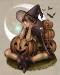  bat black_eyes blonde_hair boots chin_rest directional_arrow full_body halloween hat high_heels highres jack-o'-lantern link looking_at_viewer navi neaze pointy_ears sitting the_legend_of_zelda witch_hat 