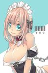  arched_back barcode bdsm blue_eyes borrowed_character bow breasts chain cleavage closed_mouth collar eyelashes hair_bow heart heart-shaped_pupils highres large_breasts looking_at_viewer maid maid_headdress off_shoulder original pink_hair puffy_short_sleeves puffy_sleeves revision roy_(pixiv992911) short_hair short_sleeves smile solo symbol-shaped_pupils takagi_(tansuke) text_focus upper_body 