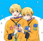  aiwana astronaut blonde_hair blush clone digital_media_player earbuds earphones free! hazuki_nagisa male_focus multiple_boys open_mouth red_eyes shared_earphones smile spacesuit star 