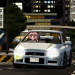  1girl absurdres black_eyes blush bridge building car cityscape closed_mouth commentary driving english_commentary flower hair_flower hair_ornament highres kasuya_baian mixed-language_commentary motor_vehicle night nissan nissan_skyline nissan_skyline_gt-r nissan_skyline_r34 original outdoors pedestrian_bridge pink_hair road road_sign short_hair sign smile solo spoiler_(automobile) sports_car vehicle_focus white_car 