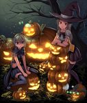  blonde_hair blue_eyes brown_eyes dreadtie halloween hat highres horns jack-o'-lantern midriff multiple_girls original thighhighs witch_hat 